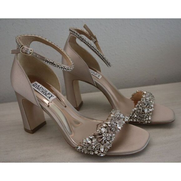 Badgley Mischka MP6312 Sz 6.5 Soft Blush Tasmine Embellished Block Heels $245 - Picture 8 of 12